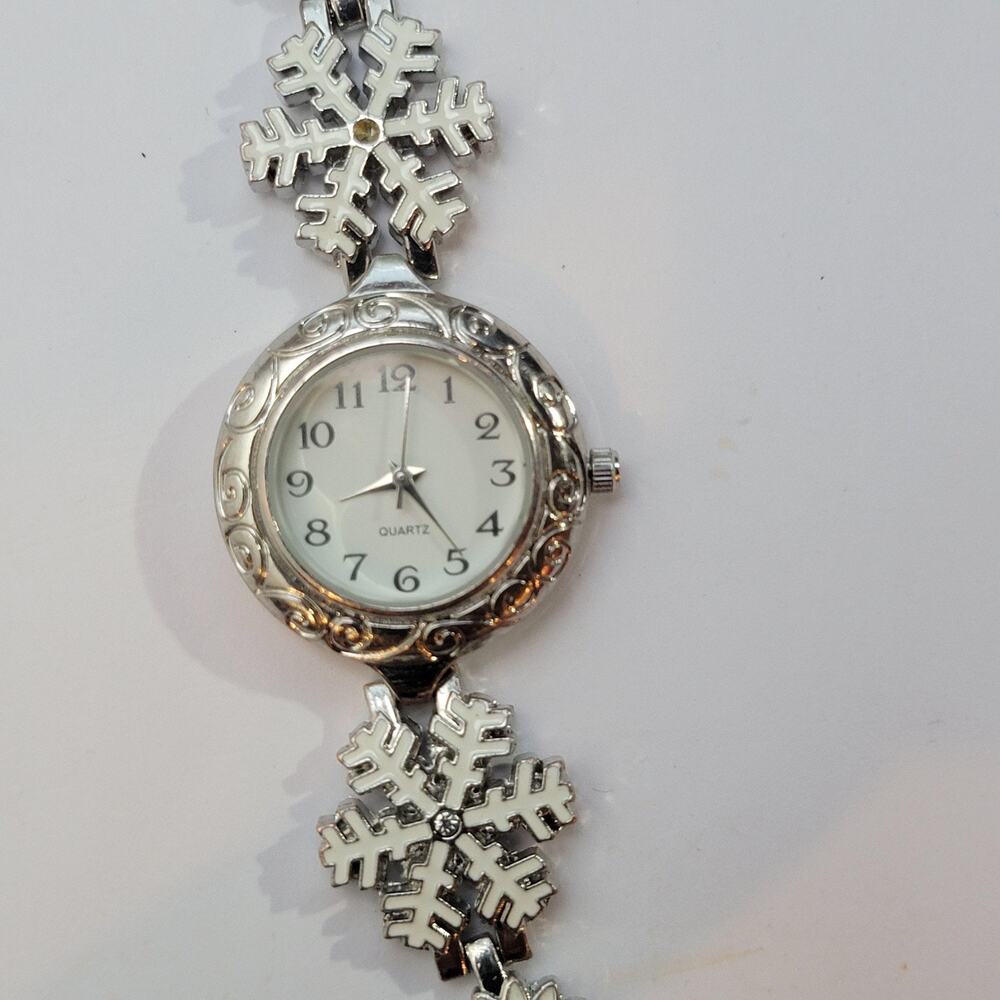 Accutime Womens Watch White Dial Silver Case Snowflake Bracelet Quartz Analog